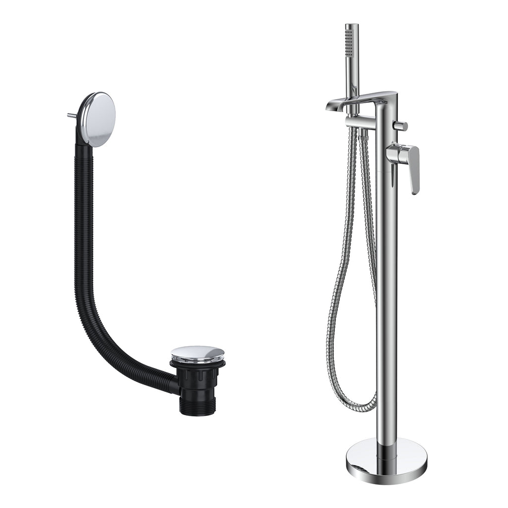 Lunaris Chrome Freestanding Bath Shower Mixer Tap with Handset & Matching Waste