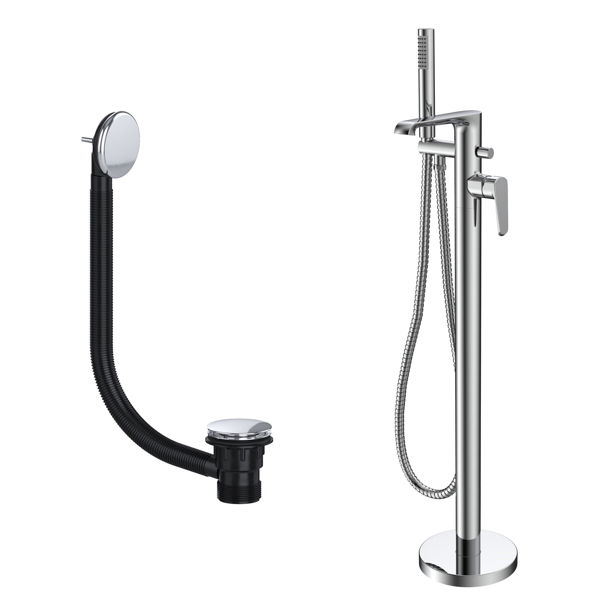 Lunaris Chrome Freestanding Bath Shower Mixer Tap with Handset & Matching Waste