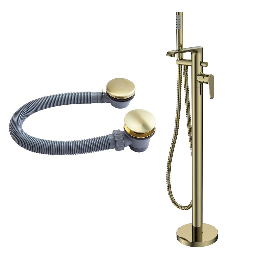 Lunaris Luxury Brushed Brass Freestanding Bath Shower Mixer Tap & Waste Set