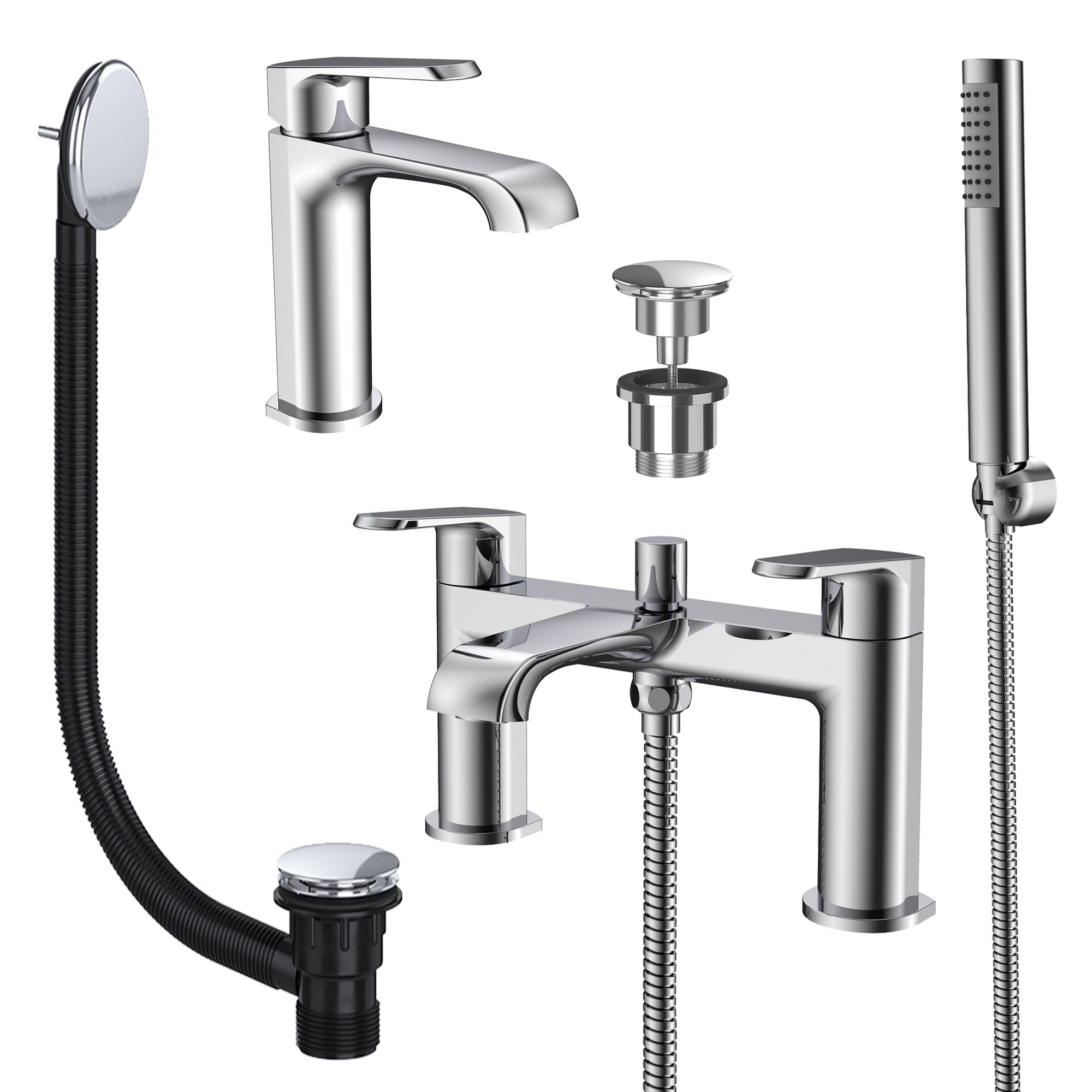 Lunaris Chrome Bath Shower & Mono Basin Mixer Tap Set with Matching Wastes