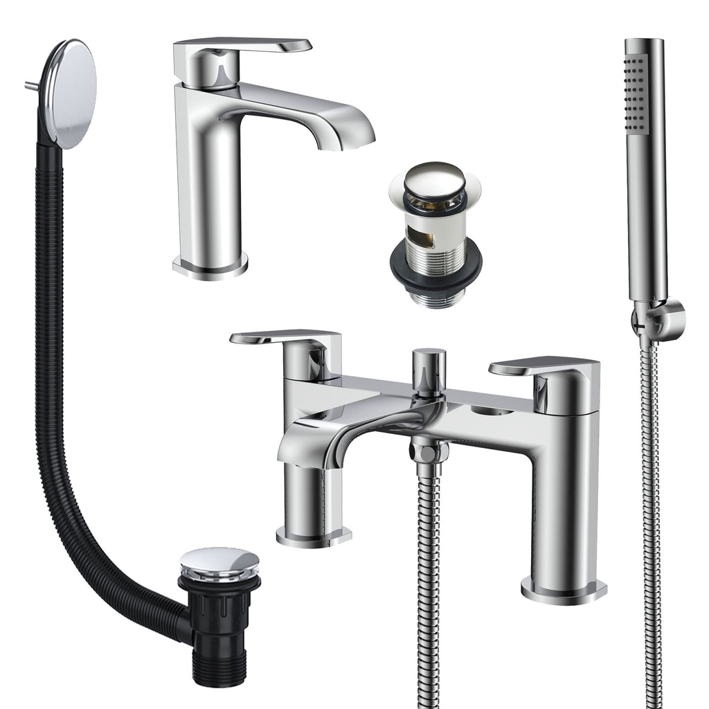 Lunaris Chrome Bathroom Tap Set: Complete Bath Shower Mixer, Mini Mono Basin Mixer & Wastes