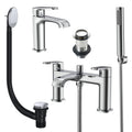 Lunaris Chrome Bath & Basin Mixer Tap Set with Shower Kit & Matching Wastes - Modern UK Bathroom Solution