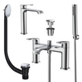 Lunaris Chrome Bath Shower Mixer & Tall Mono Basin Tap Set with Matching Wastes - Modern Bathroom Taps