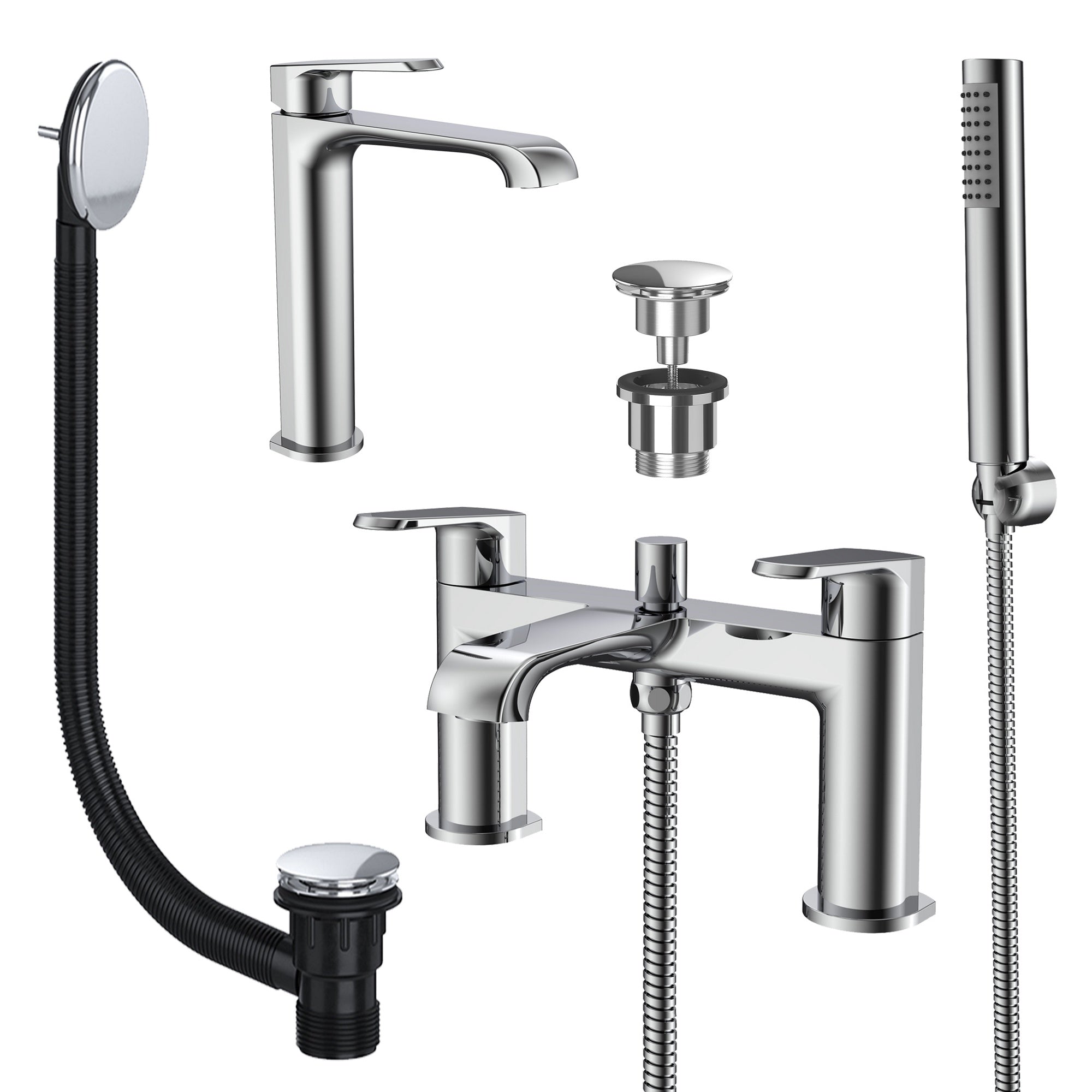 Lunaris Chrome Bath Shower Mixer & Tall Mono Basin Tap Set with Matching Wastes - Modern Bathroom Taps
