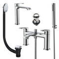 FNX Lunaris Chrome Bath Shower Mixer & Tall Mono Basin Tap Set with Matching Wastes