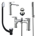 Lunaris Chrome Bath Shower Mixer & Tall Basin Tap Set with Matching Wastes for Modern Bathrooms