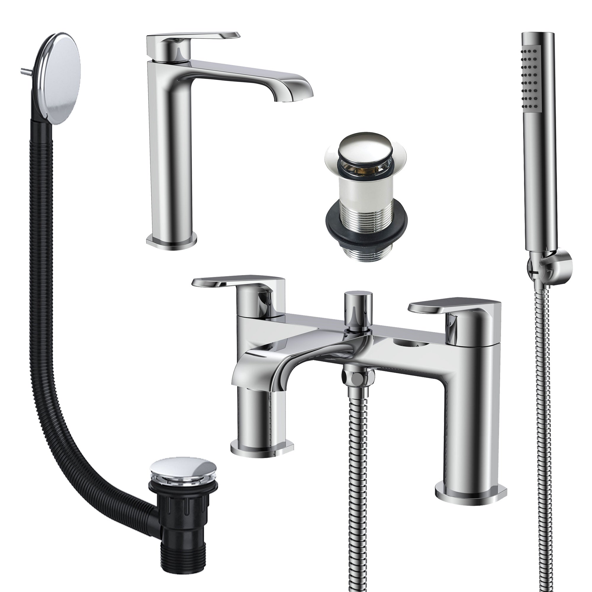 Lunaris Chrome Bath Shower Mixer & Tall Basin Tap Set with Matching Wastes for Modern Bathrooms