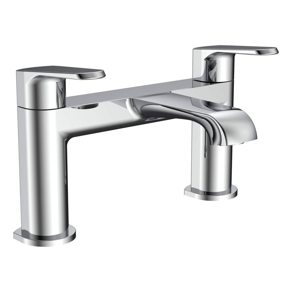 FNX Bathrooms Lunaris Chrome Bath Filler & Mono Basin Mixer Tap Set with Wastes, Modern Deck Mounted Bathroom Taps