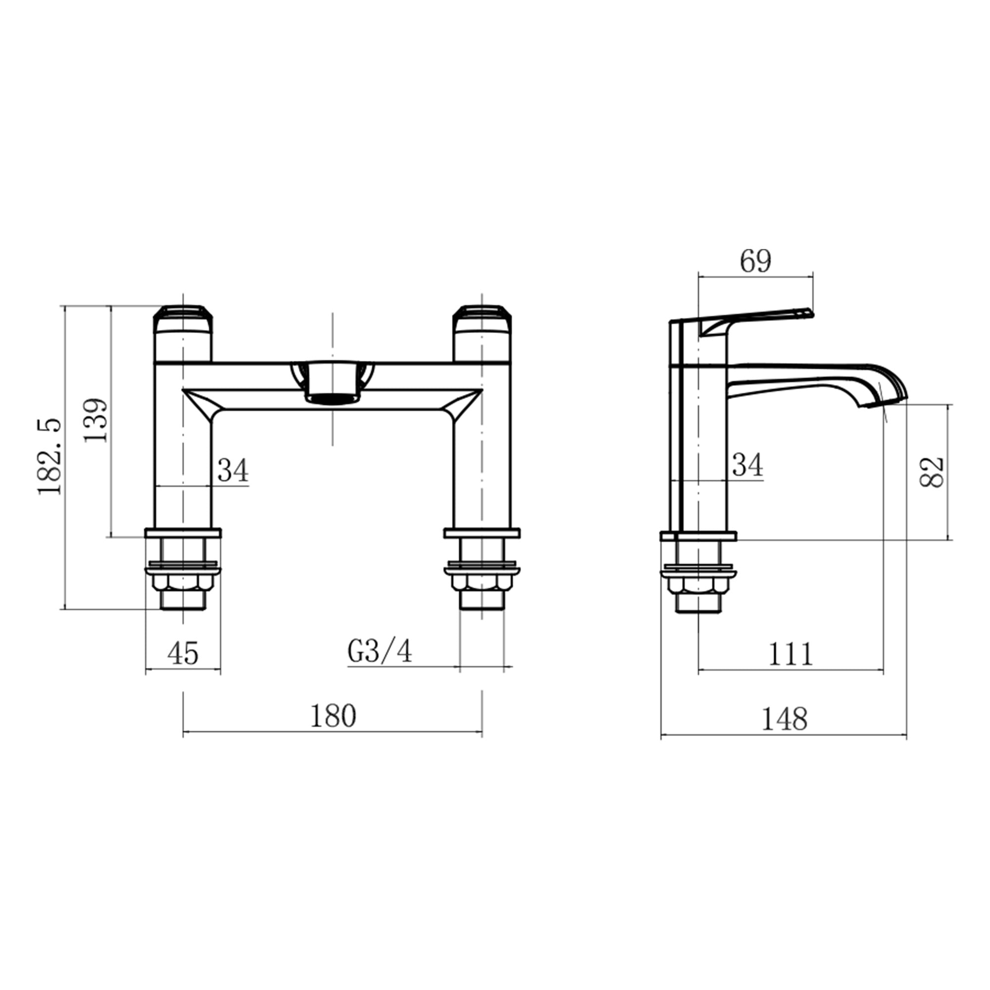 FNX Bathrooms Lunaris Chrome Bath Filler & Mono Basin Mixer Tap Set with Wastes, Modern Deck Mounted Bathroom Taps