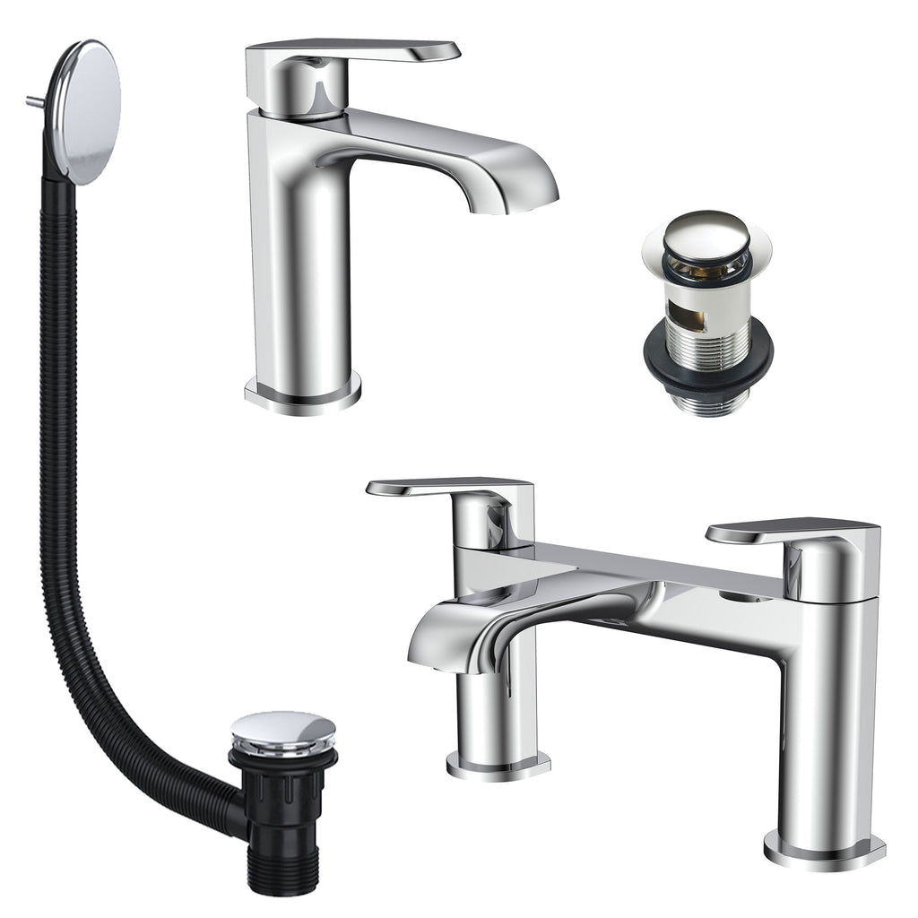 Lunaris Chrome Bath & Basin Mixer Tap Set with Coordinated Wastes - Modern, Durable & Easy Fit