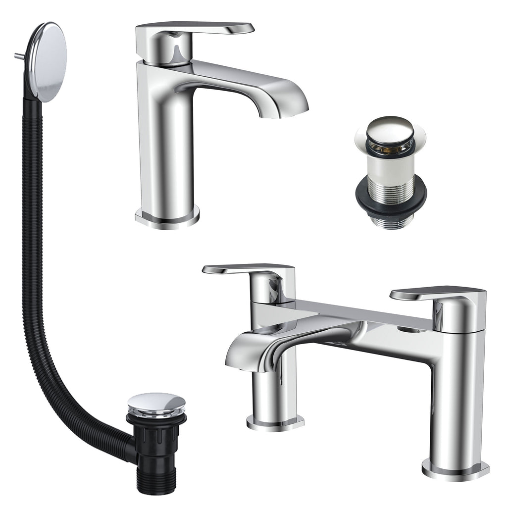 Lunaris Chrome Bath & Basin Mixer Tap Set with Wastes, Modern DIY Bathroom Upgrade