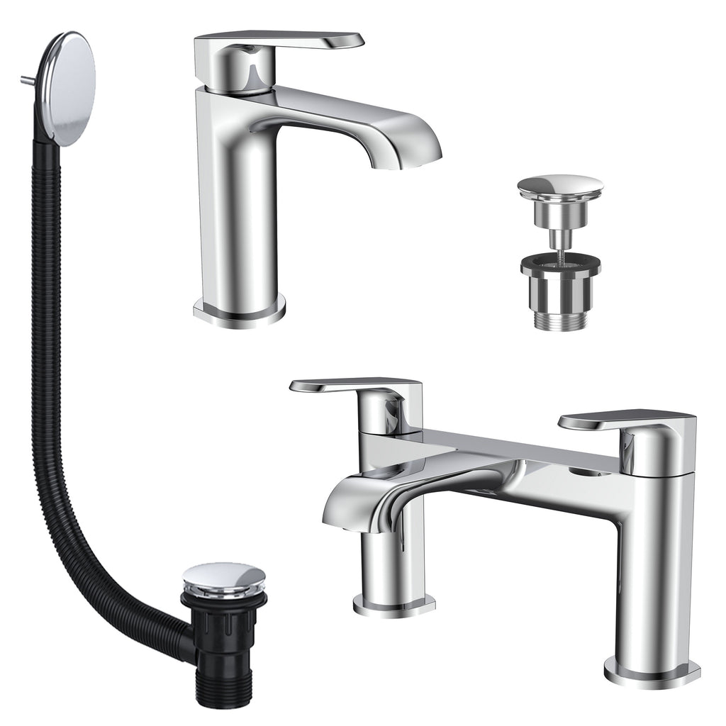 Lunaris Modern Chrome Bath & Basin Tap Set with Wastes - Filler & Mini Mono Mixer