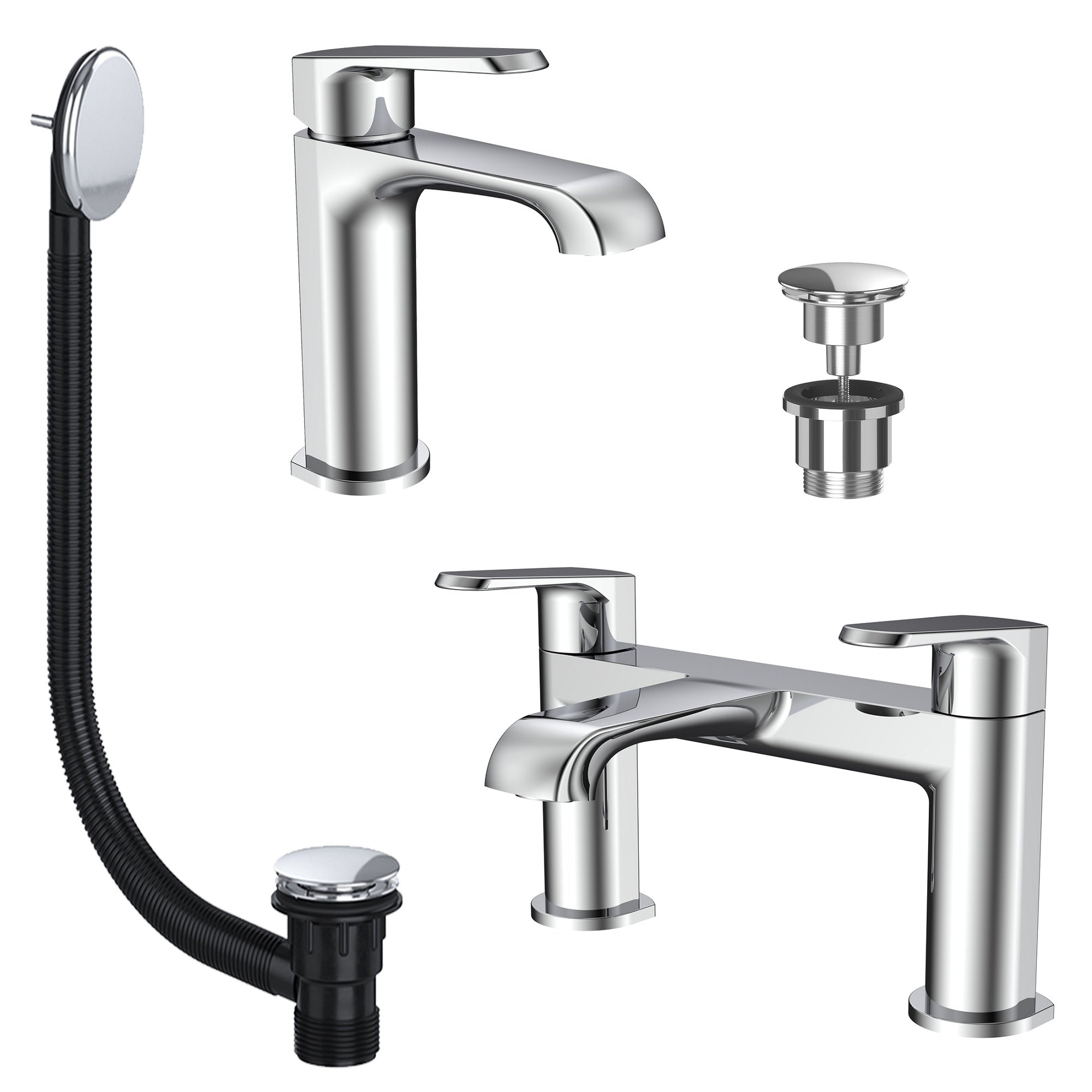Lunaris Modern Chrome Bath & Basin Tap Set with Wastes - Filler & Mini Mono Mixer