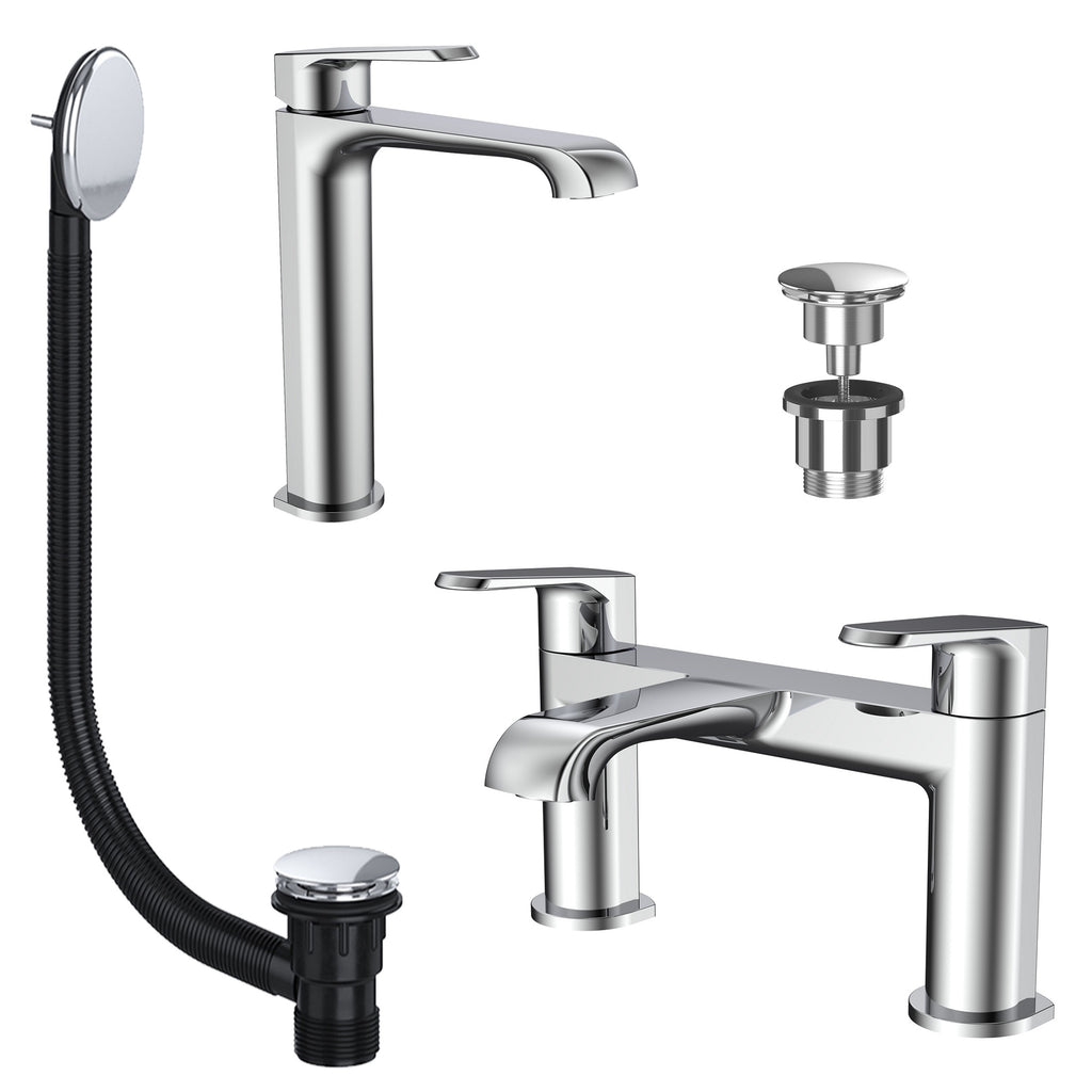 Lunaris Chrome Bath Filler & Tall Basin Mixer Tap Set with Matching Wastes