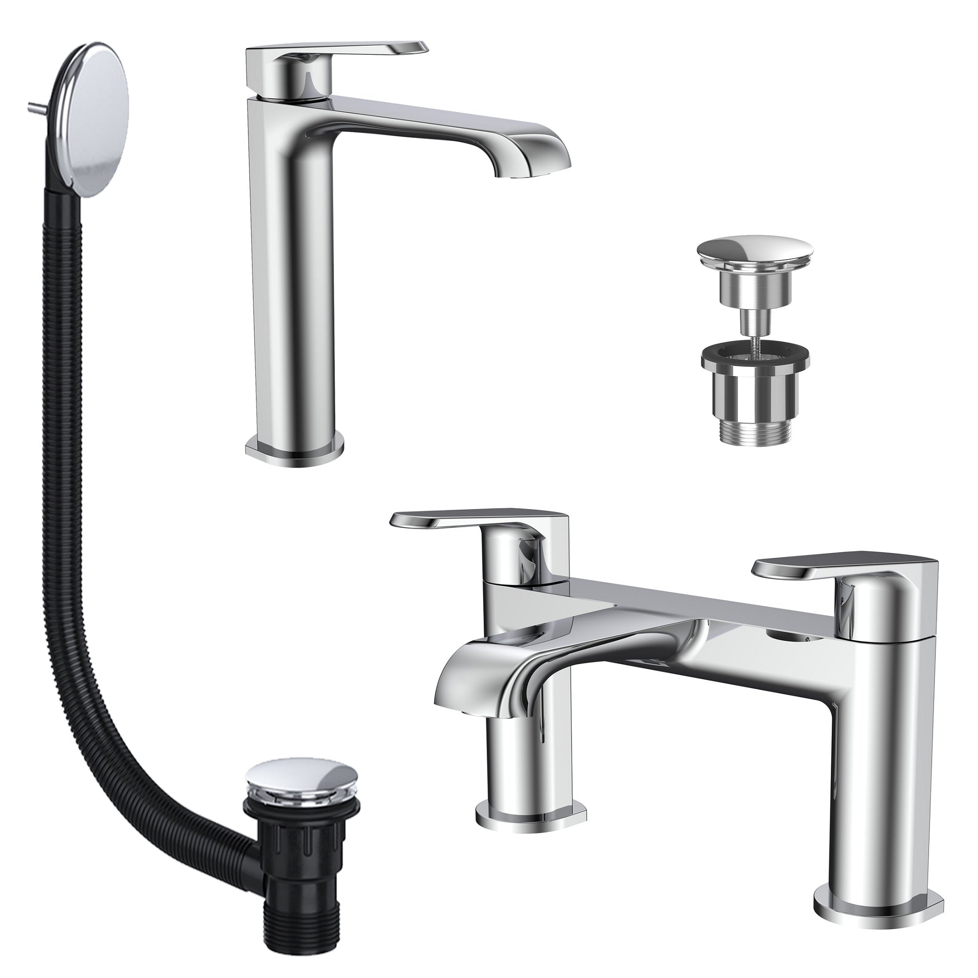 Lunaris Chrome Bath Filler & Tall Mono Basin Mixer Tap Set with Matching Wastes - Modern & Complete