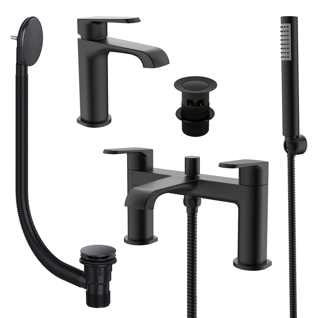 Lunaris Matt Black Bath Shower & Mono Basin Mixer Tap Set with Wastes