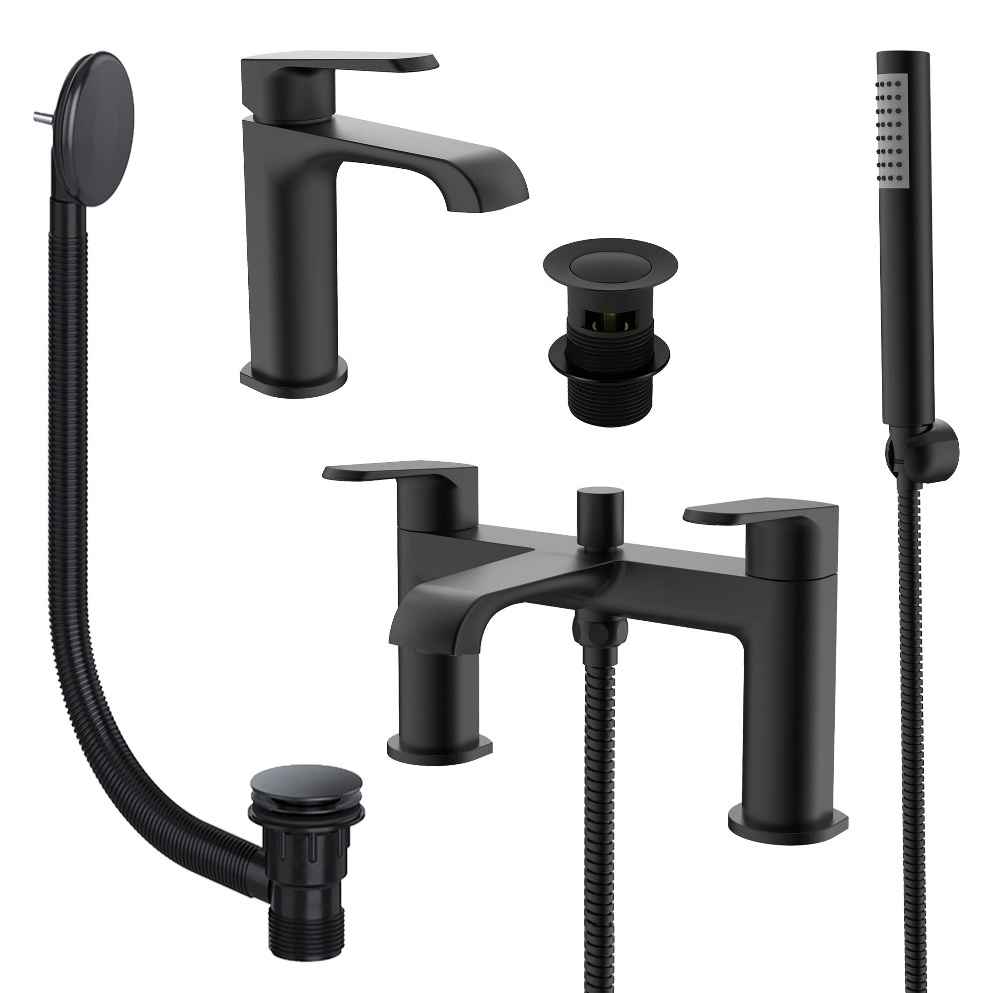 Lunaris Matt Black Bath Shower & Mono Basin Mixer Tap Set with Wastes