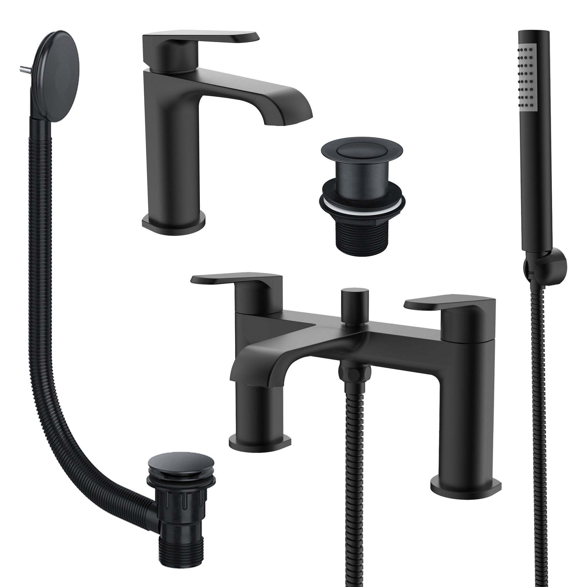 Lunaris Matt Black Bathroom Tap Pack: Bath Shower Mixer, Mono Basin Mixer & Matching Wastes