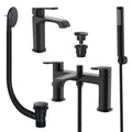 Lunaris Matt Black Complete Bathroom Tap Set: Bath Shower Mixer, Mini Basin Mixer & Wastes