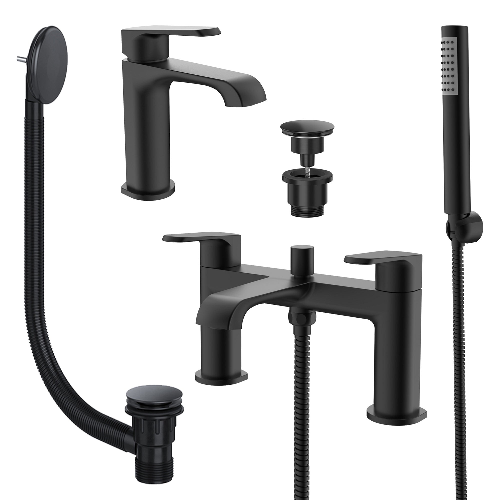 Lunaris Matt Black Complete Bathroom Tap Set: Bath Shower Mixer, Mini Basin Mixer & Wastes