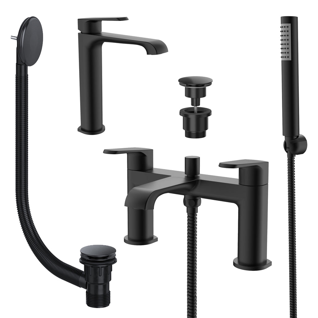 Lunaris Matt Black Bath Shower & Tall Basin Mixer Tap Set with Matching Wastes - Contemporary & Durable