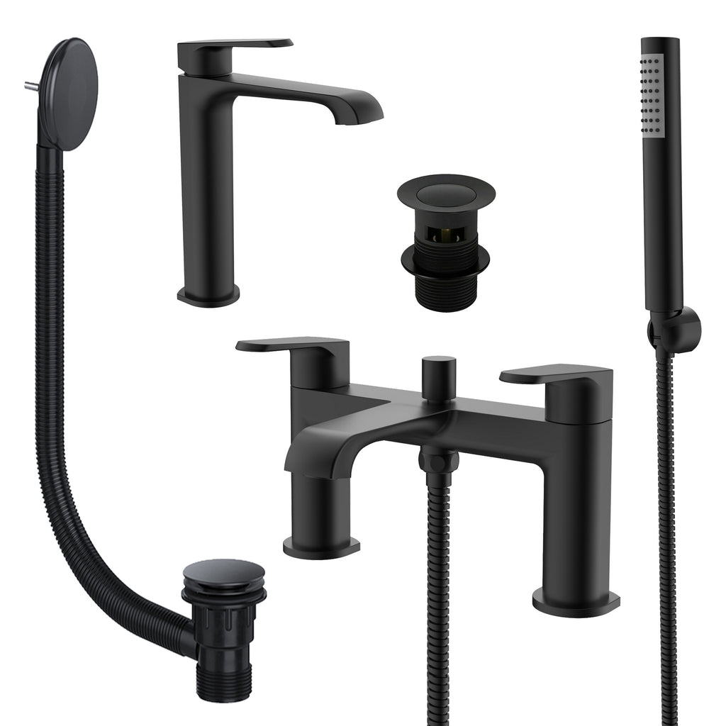 Lunaris Matt Black Complete Bathroom Tap Pack: Bath & Tall Basin Mixers with Wastes
