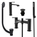 Lunaris Matt Black Complete Bathroom Tap Pack: Bath & Tall Basin Mixers with Wastes