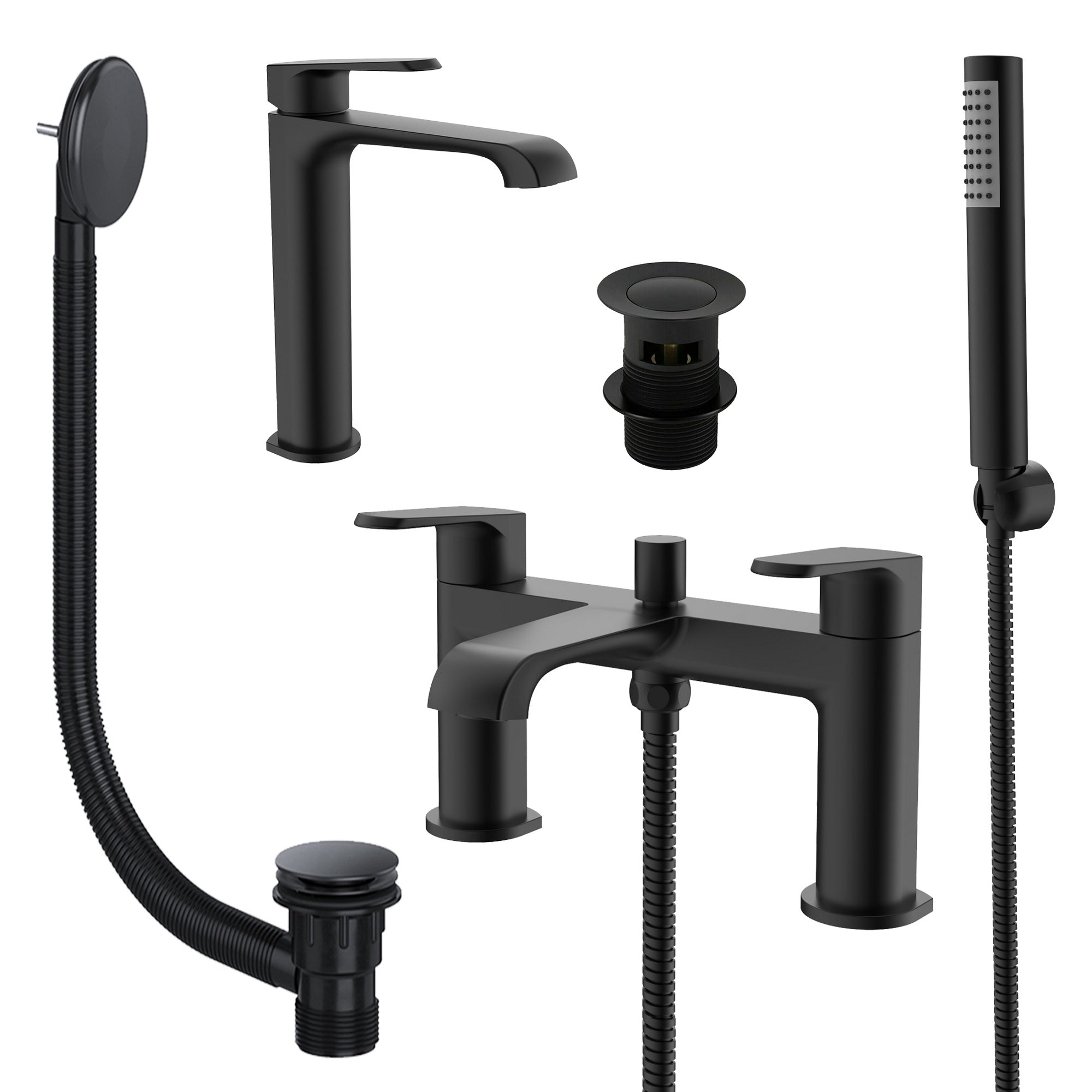 Lunaris Matt Black Complete Bathroom Tap Pack: Bath & Tall Basin Mixers with Wastes