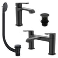 Lunaris Matt Black Bath & Basin Tap Set with Matching Bath Waste & Slotted Basin Waste