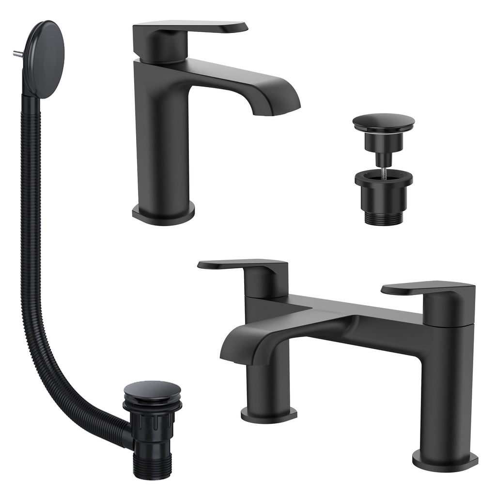 Lunaris Matt Black Bath & Basin Mixer Tap Set with Wastes