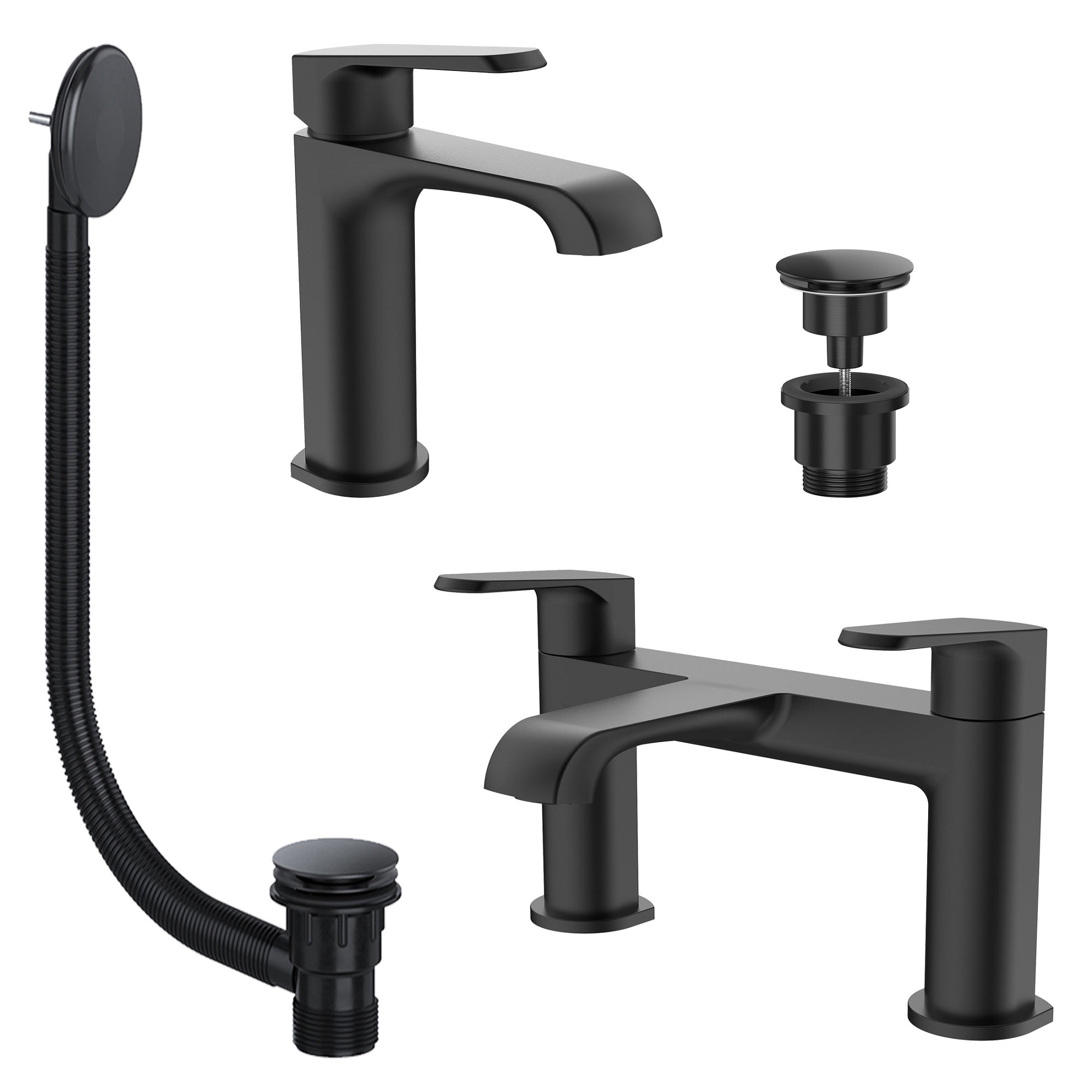 Lunaris Matt Black Bath & Basin Mixer Tap Set with Wastes