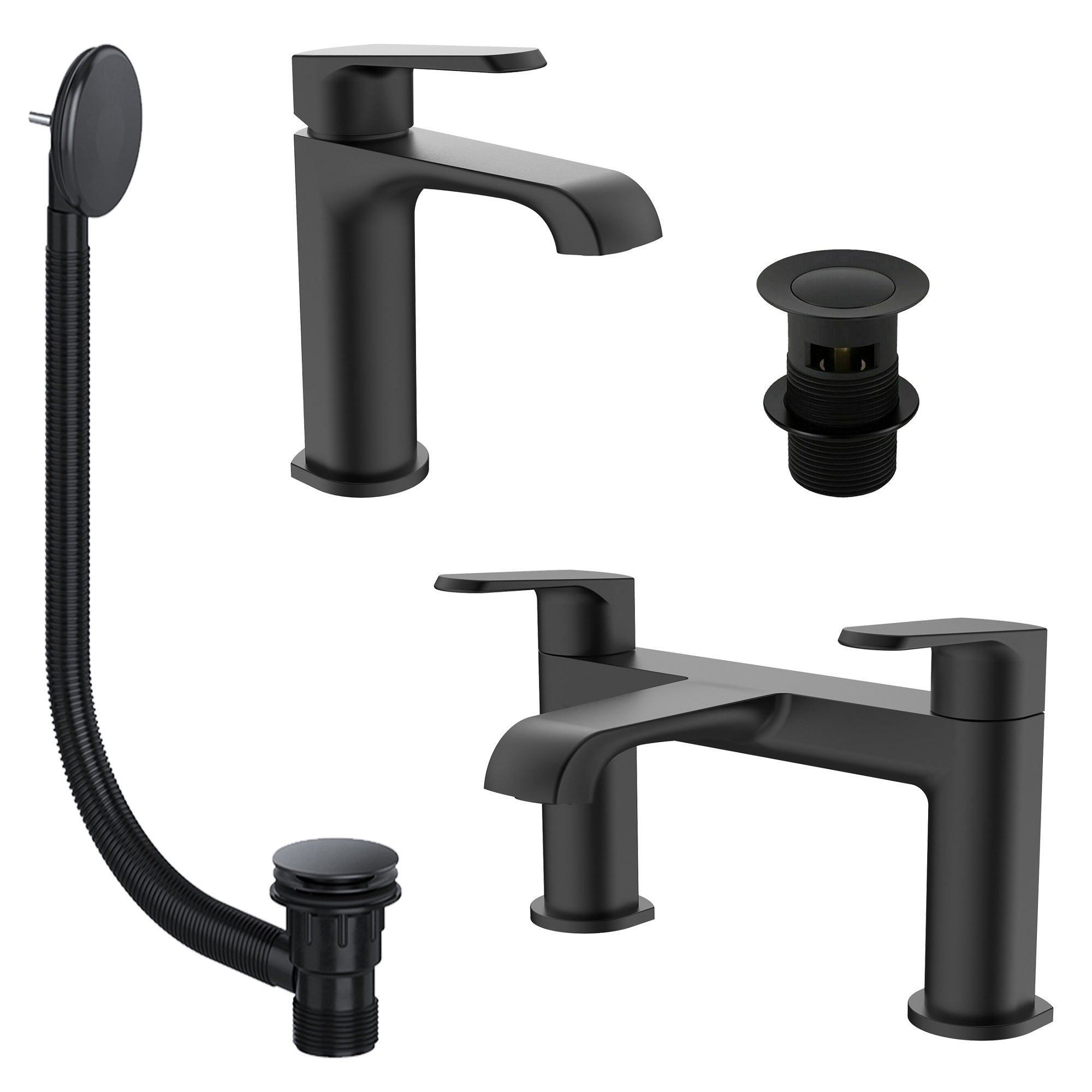 Lunaris Matt Black Modern Bath Filler & Mini Mono Basin Mixer Tap Set with Matching Wastes for DIY Bathrooms