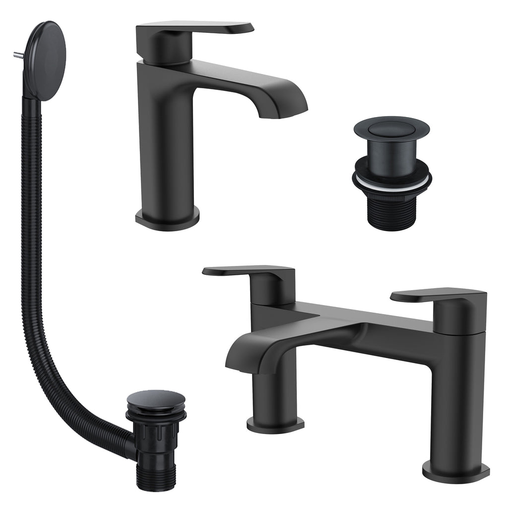 Lunaris Matt Black Bath Filler & Mini Mono Basin Mixer Tap Set with Matching Wastes, Modern & Durable