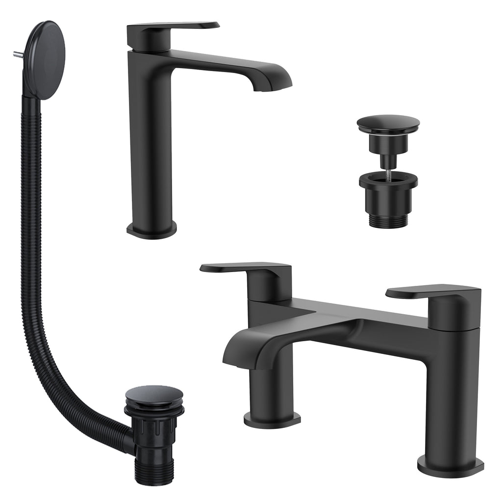 Lunaris Matt Black Bath Filler & Tall Mono Basin Mixer Tap Set with Matching Wastes