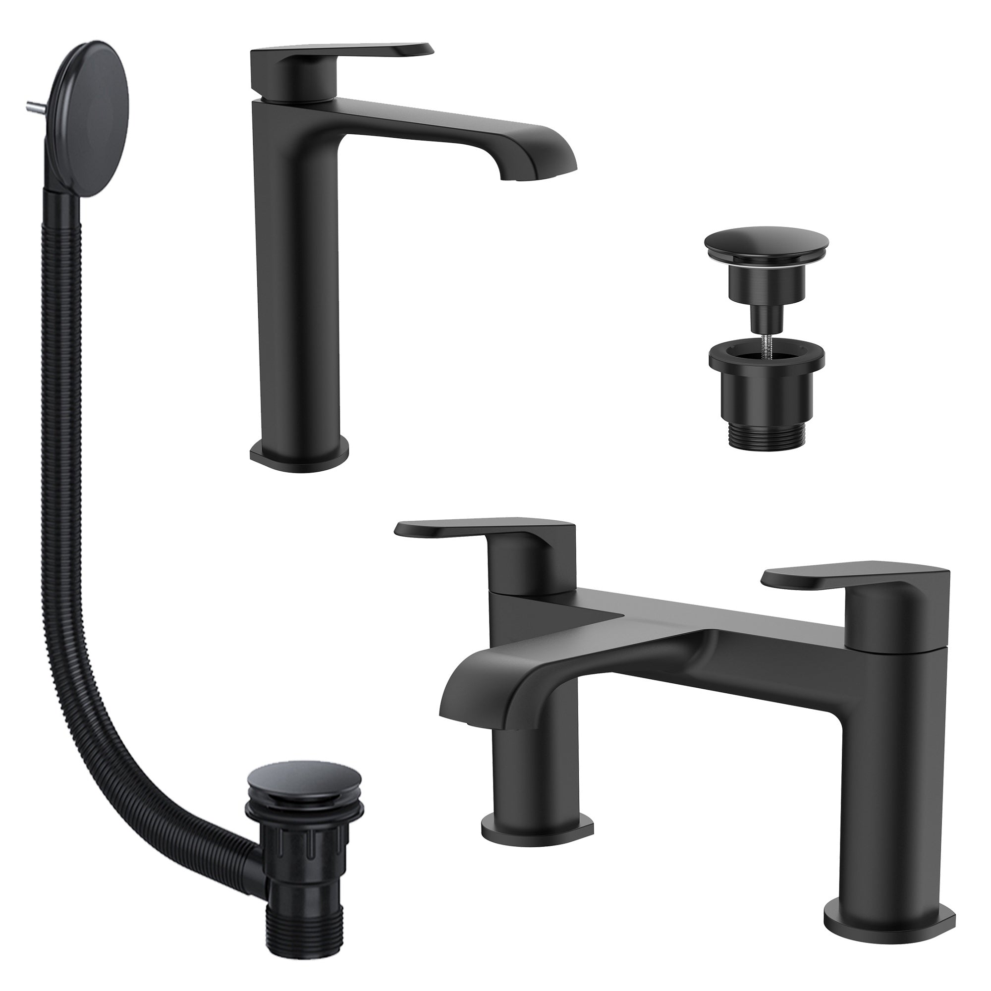 Lunaris Matt Black Bath Filler & Tall Mono Basin Mixer Tap Set with Matching Wastes