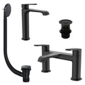 Lunaris Matt Black Bath Filler & Tall Mono Basin Mixer Tap Set with Coordinated Slotted Wastes for Modern Bathrooms