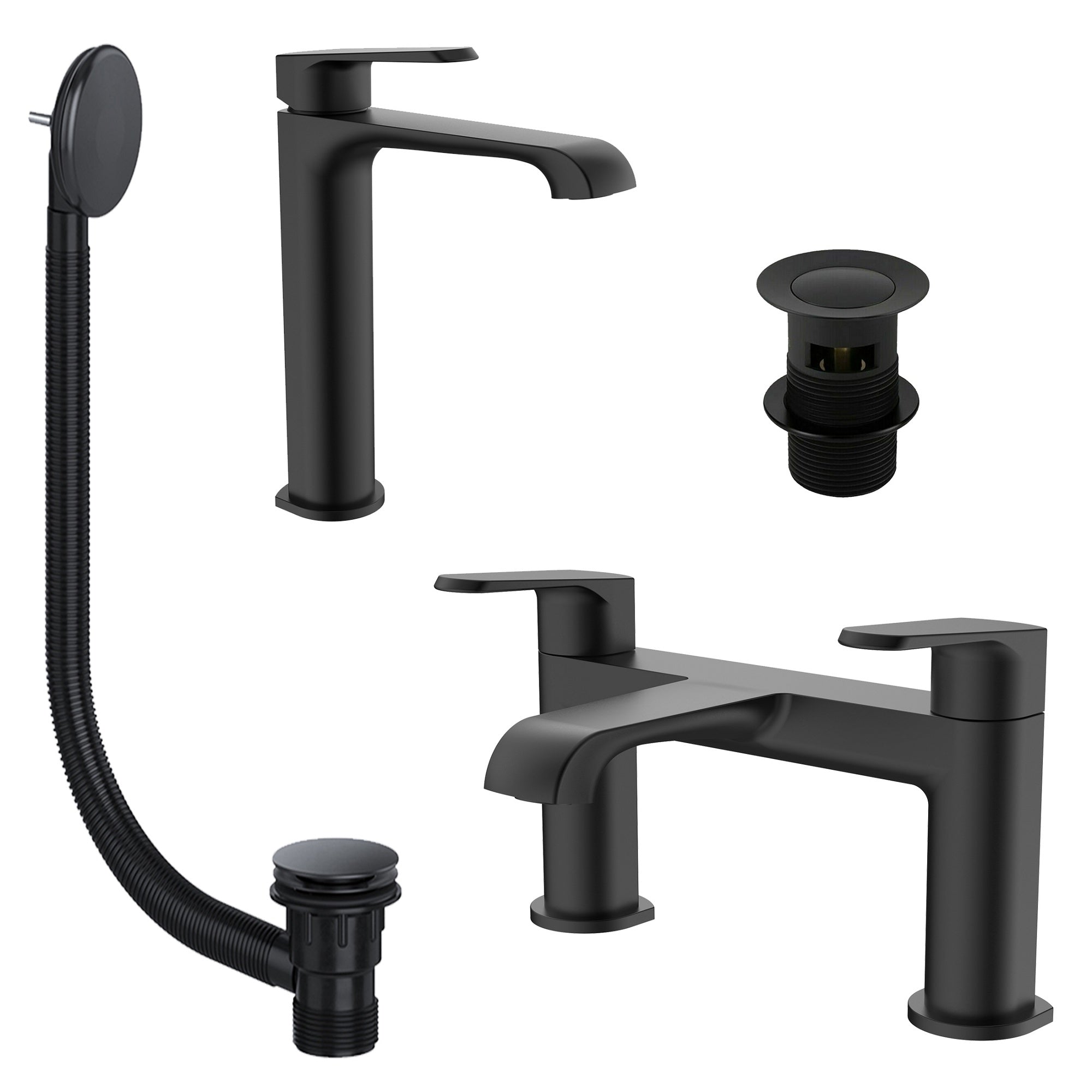Lunaris Matt Black Bath Filler & Tall Mono Basin Mixer Tap Set with Coordinated Slotted Wastes for Modern Bathrooms