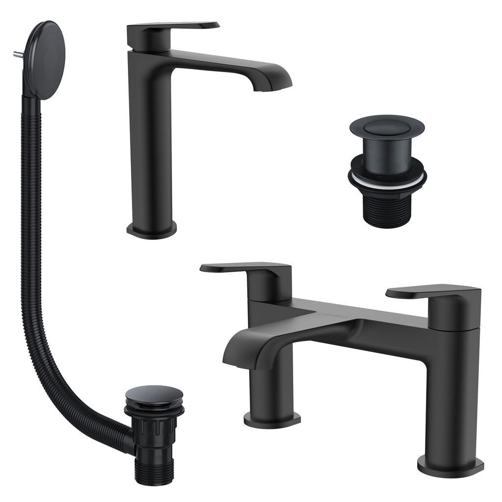 Lunaris Matt Black Bathroom Tap Set: Bath Filler, Tall Mono Basin Mixer & Matching Wastes