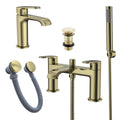 FNX Lunaris Brushed Brass Complete Bathroom Tap Set: Bath Shower Mixer, Mono Basin Mixer & Matching Wastes