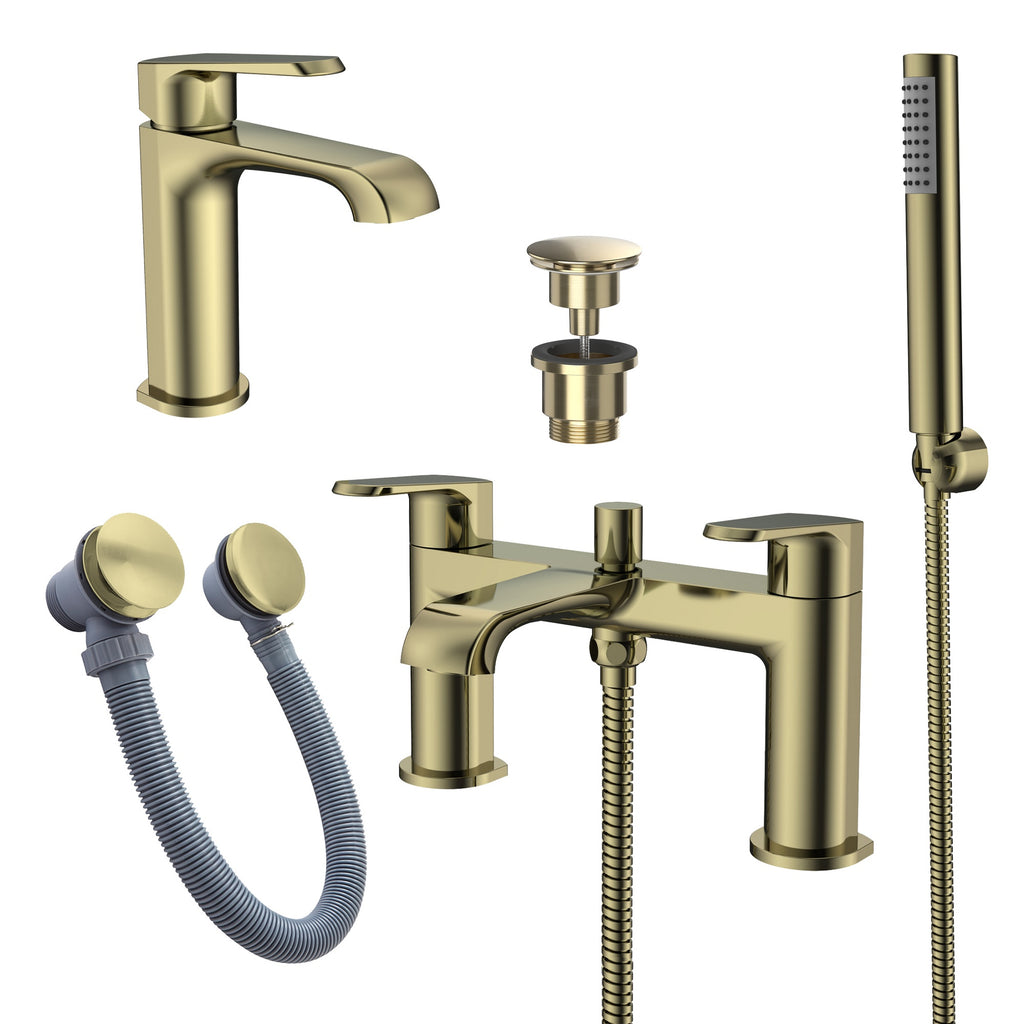 Lunaris Brushed Brass Bath & Basin Tap Set with Hand Shower & Wastes - Modern UK Bathroom Taps