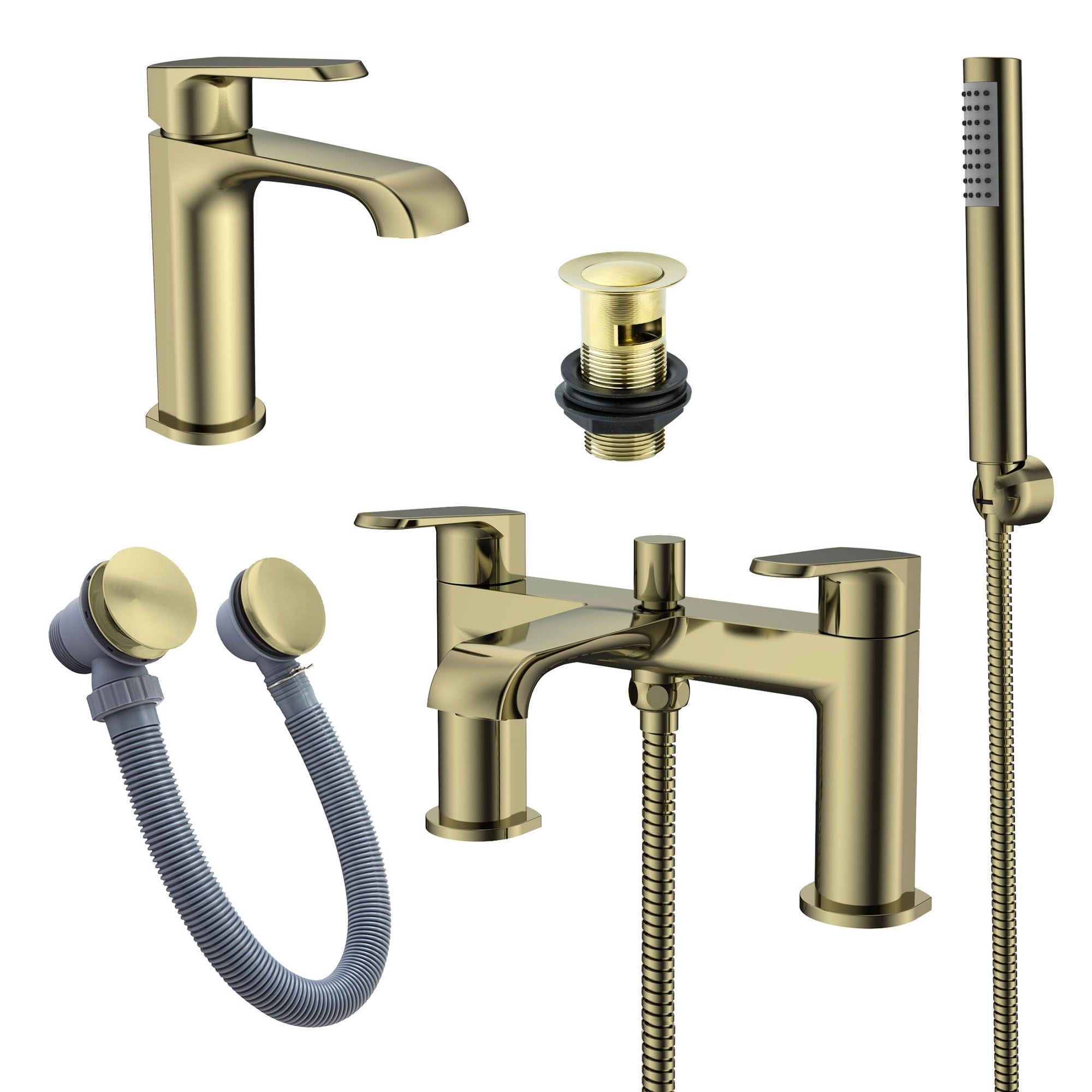 Lunaris Brushed Brass Bath Shower Mixer & Mini Mono Basin Tap Set with Matching Wastes, Modern DIY Bathroom Kit