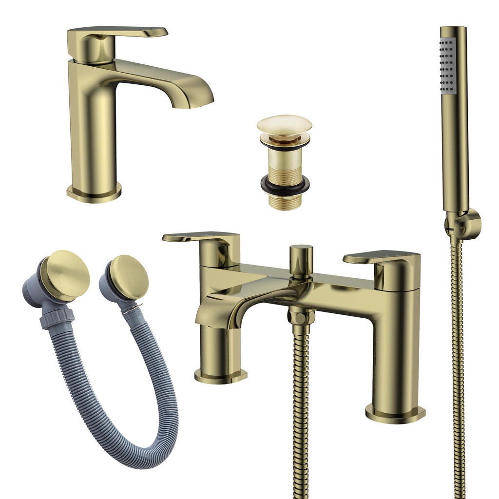 Lunaris Brushed Brass Bath Shower Mixer & Mini Basin Mixer Tap Set with Matching Wastes