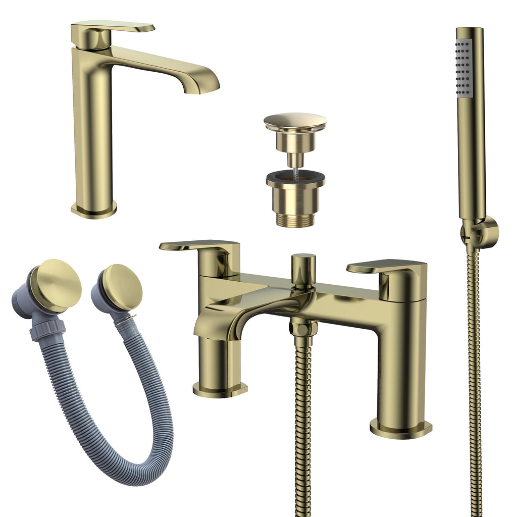 Lunaris Brushed Brass Complete Bathroom Tap Set: Deck-Mounted Bath Shower Mixer & Tall Basin Mixer