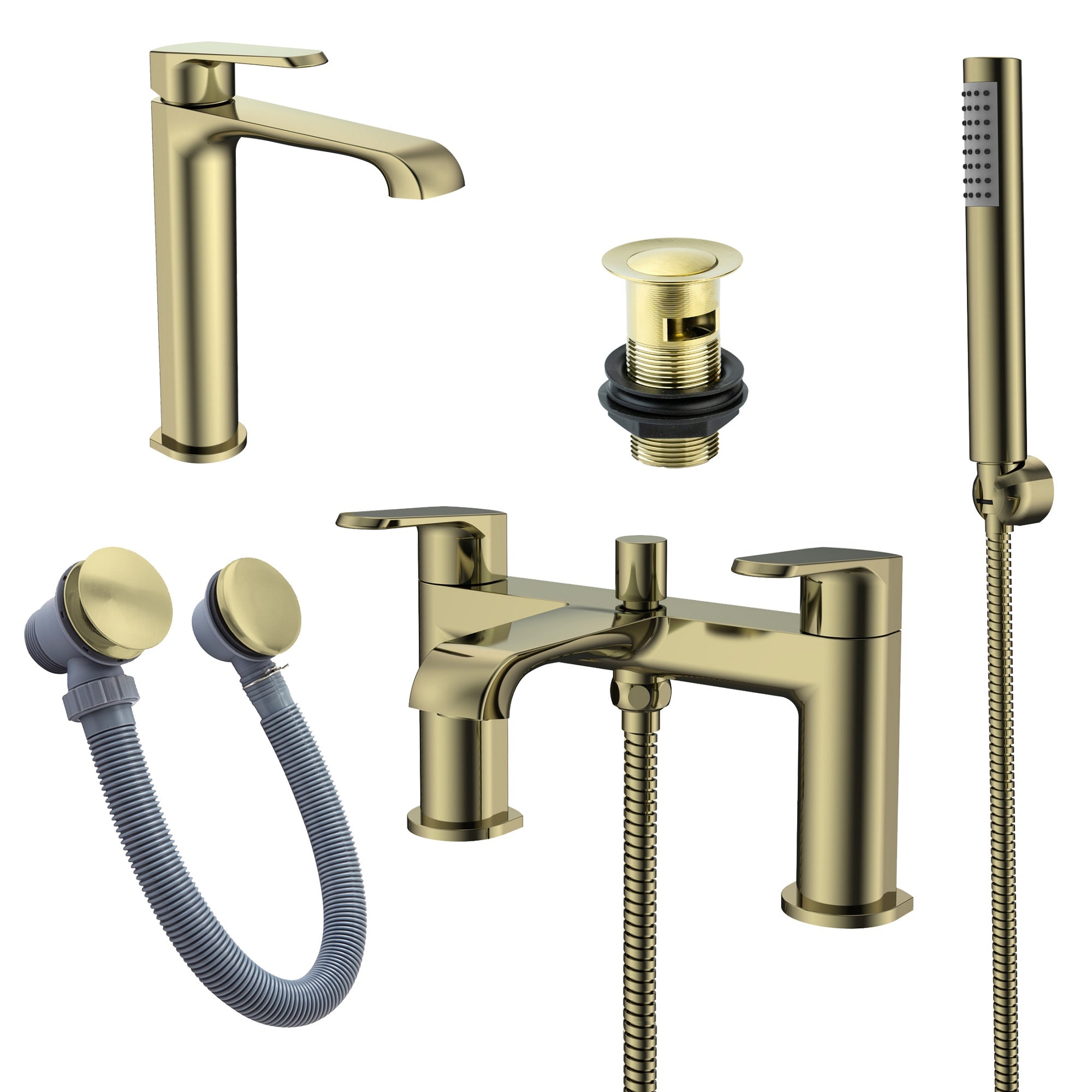 Lunaris Brushed Brass Complete Bathroom Tap Set: Bath Shower Mixer, Tall Basin Mixer & Wastes