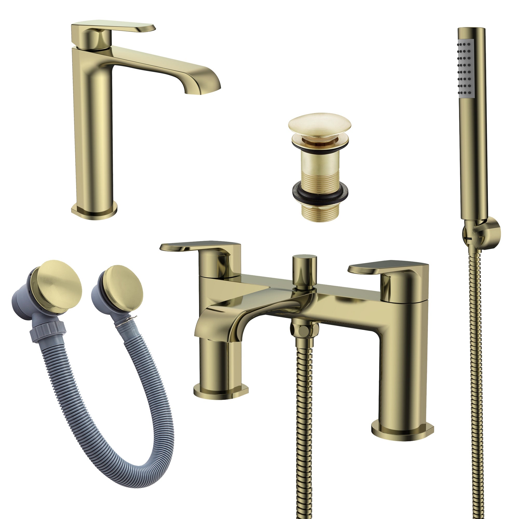 Lunaris Brushed Brass Bathroom Tap Pack: Bath Shower Mixer, Tall Basin Mono Mixer & Matching Wastes