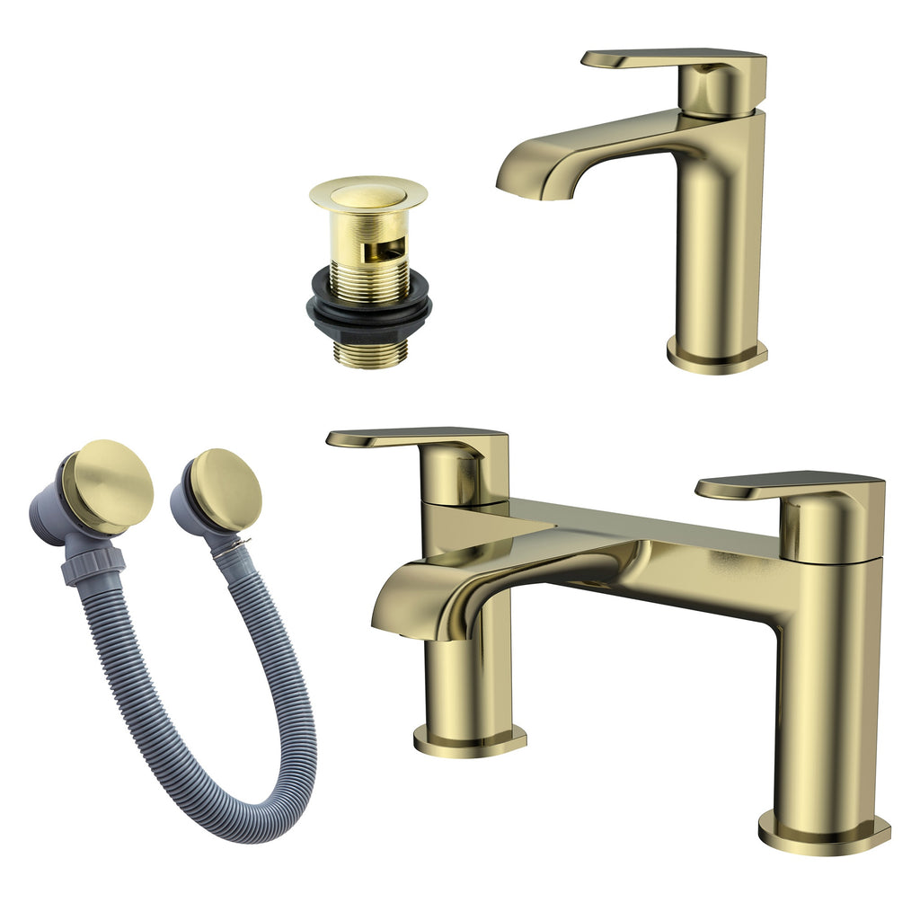 Lunaris Brushed Brass Bath & Basin Tap Set with Wastes, Contemporary Dual Control Bath Filler & Mono Mixer