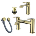 Lunaris Brushed Brass Bath & Basin Tap Set with Wastes, Contemporary Dual Control Bath Filler & Mono Mixer