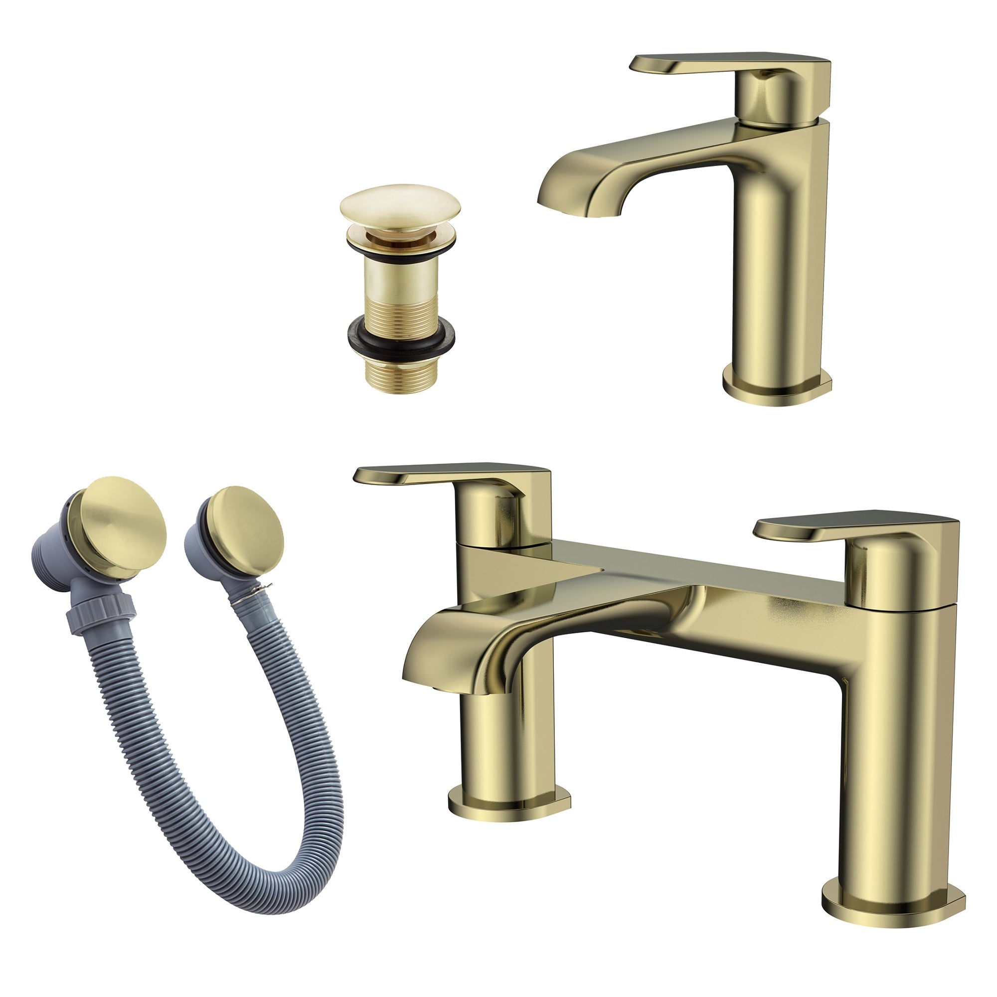Lunaris Brushed Brass Bathroom Tap Set: Bath Filler, Mono Basin Mixer & Matching Wastes