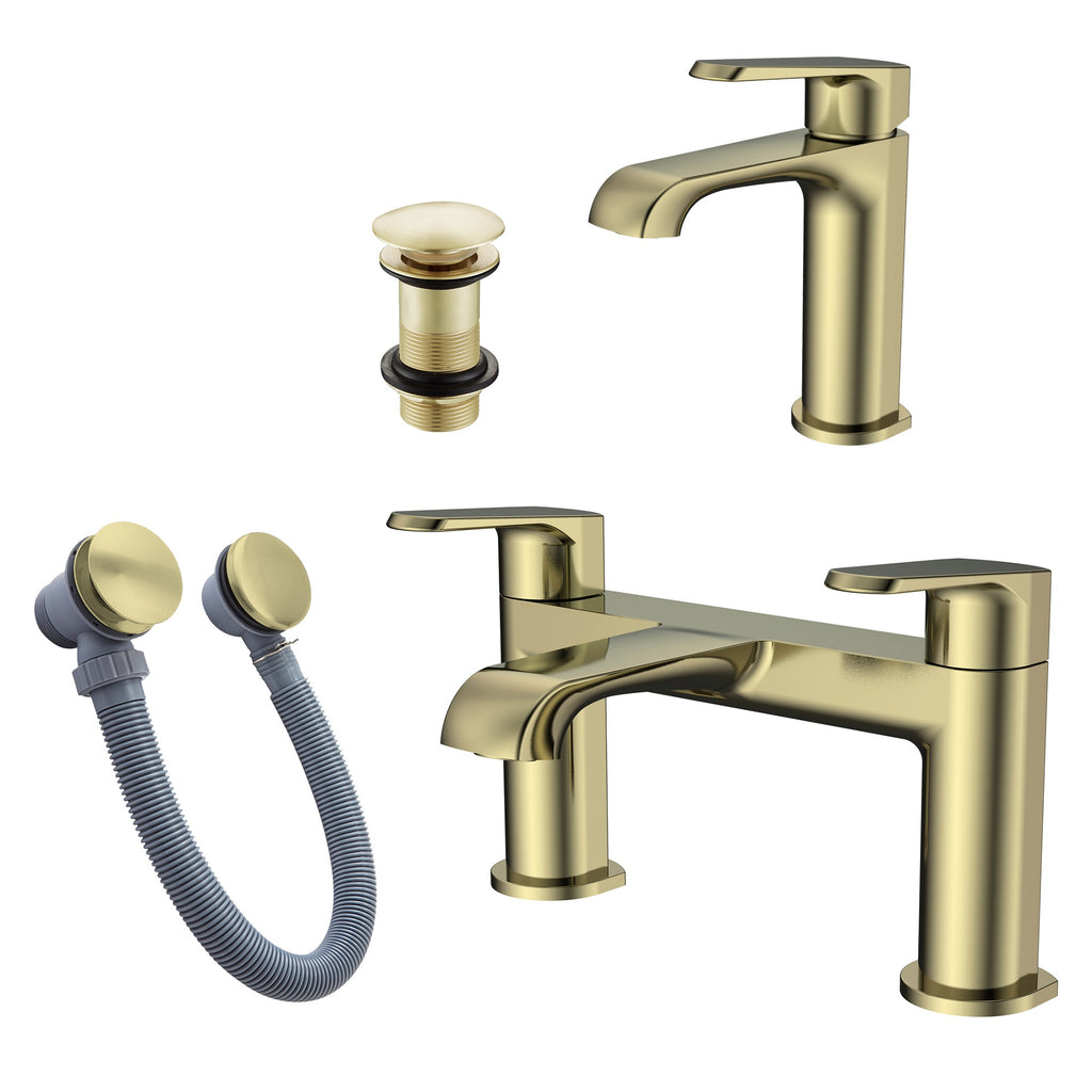 Lunaris Brushed Brass Bath Filler & Mini Mono Basin Mixer Tap Set with Matching Wastes