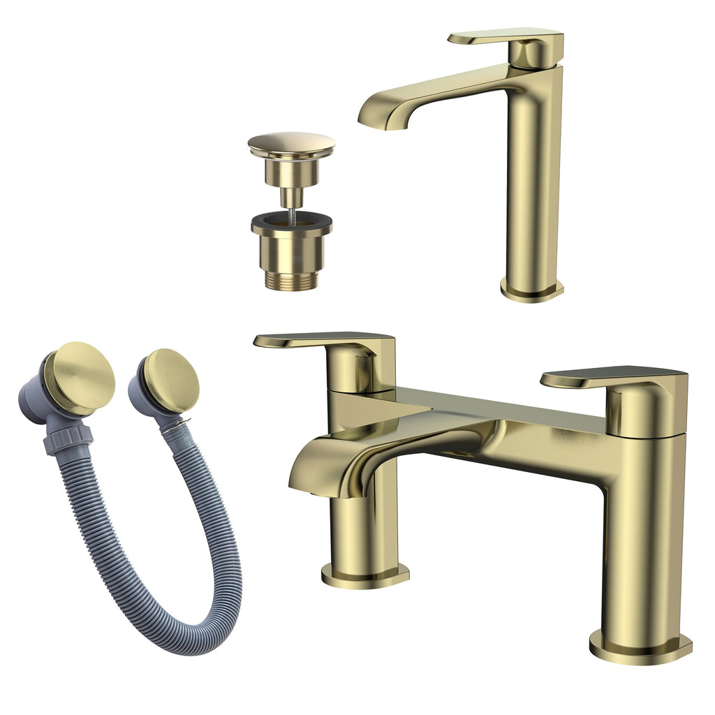Lunaris Brushed Brass Bath & Basin Tap Set with Wastes, Modern Bath Filler & Tall Mono Mixer